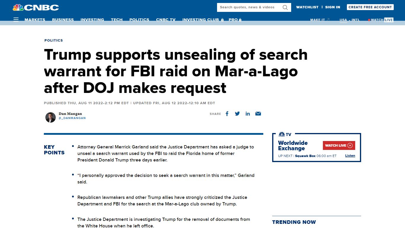 Trump search warrant: DOJ, former president ask for unsealing of FBI ...